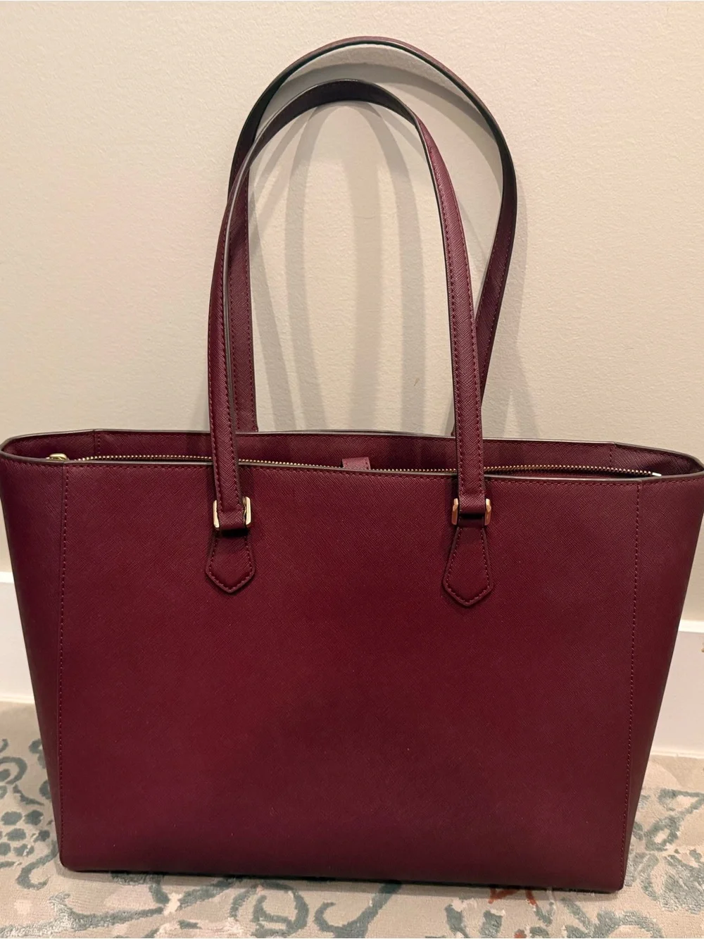 Tory Burch Wine Saffiano Leather Tote with Gold Logo